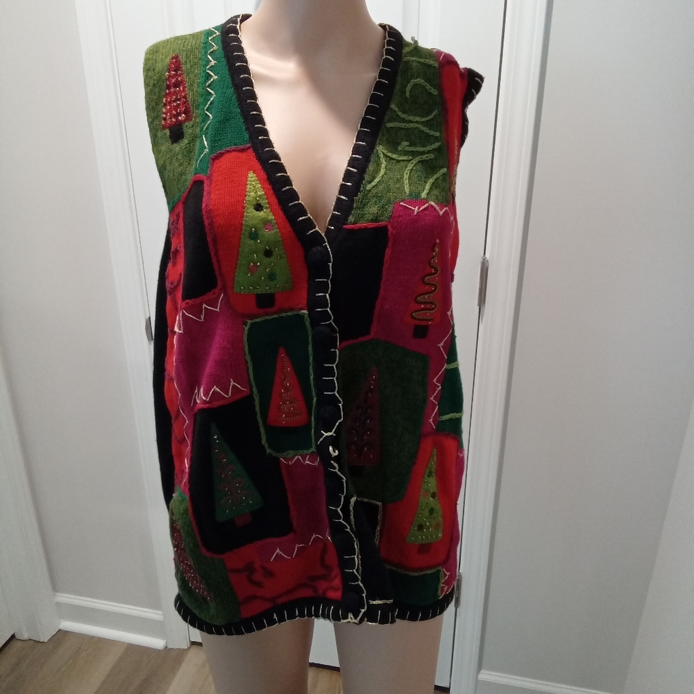 White Stag Plus Size 24W Christmas Tree Colorful Patchwork Button Cardigan Vest